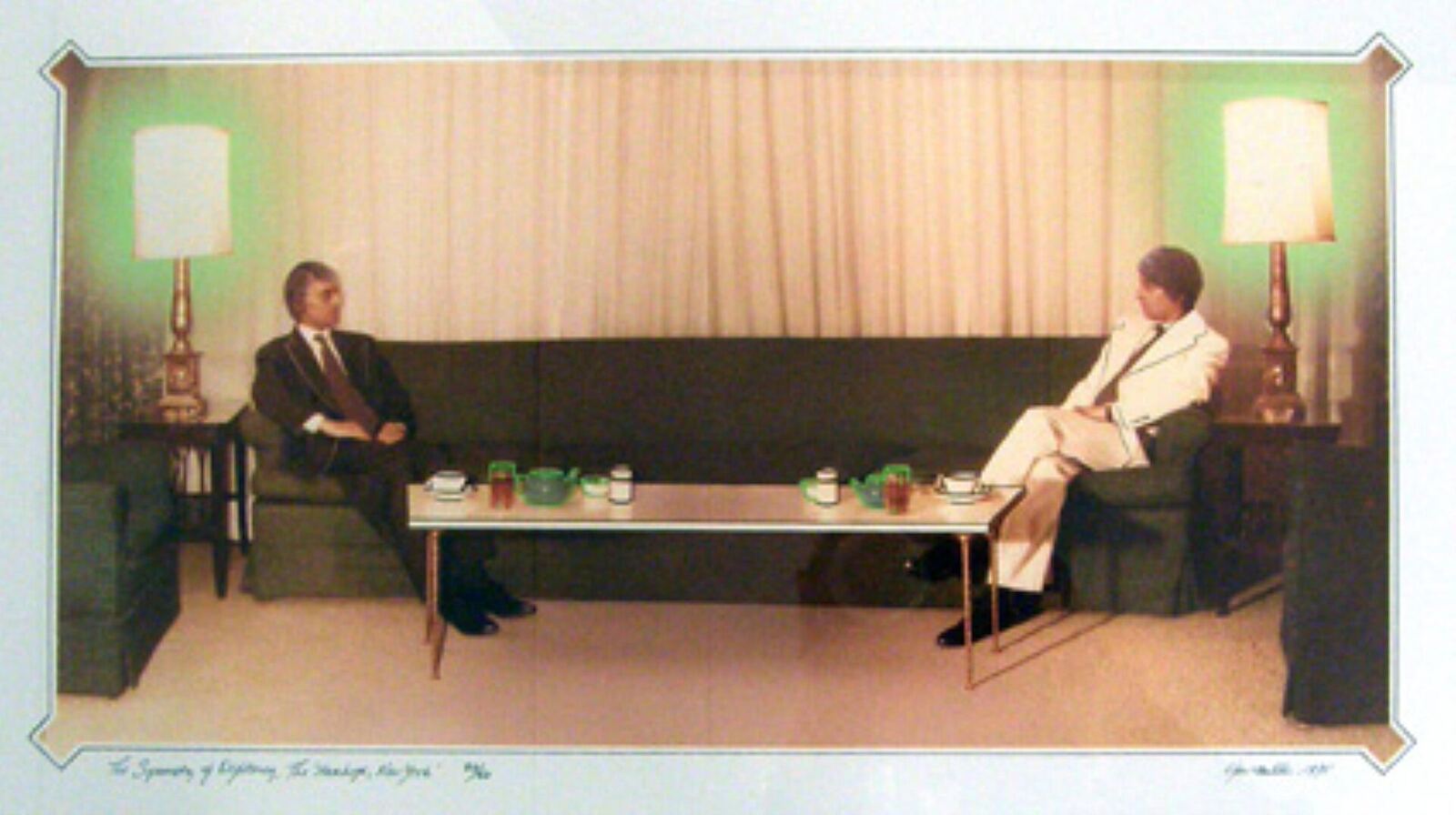 Symmetry of Diplomacy . Composite chromogenic color photograph, with silkscreen printings and air brushing, from the portfolio Artists & Photographs , representing twice van Elk posed in a situation evocative of those which commemorate important diplomatic meetings. Groninger Museum identifier :1983.0211.E .